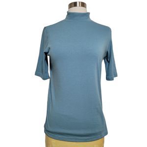 LIYOHON Women's Blue Short Sleeve High Mock Neck Casual Top Size Small